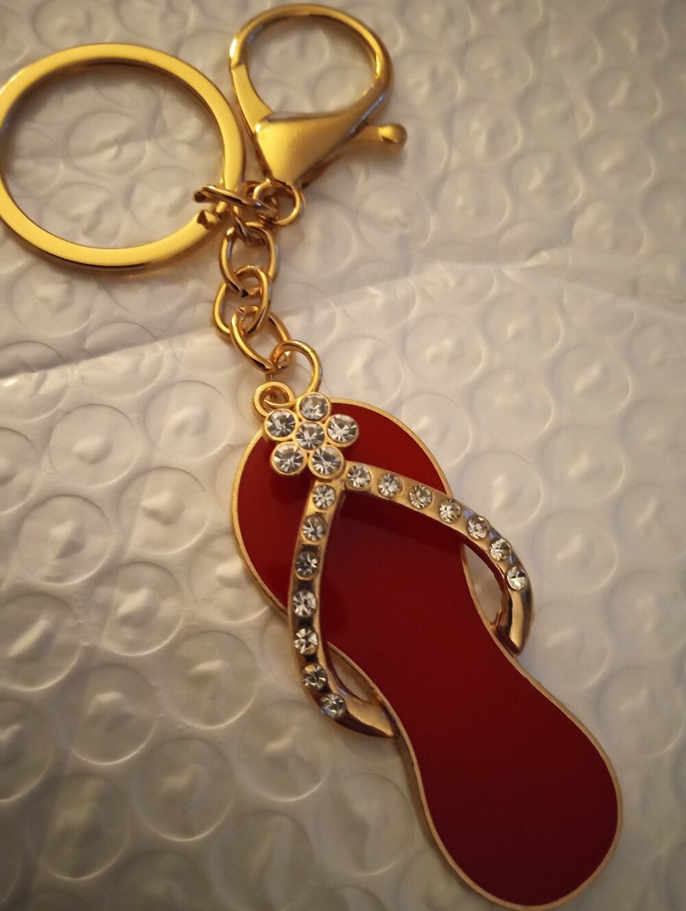 Gold & Red Enameled Rhinestone Flip Flop Keychain 5in